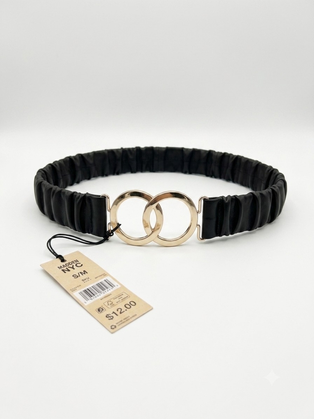 ✏️ NWT Madden NYC Black Ruched Elastic Stretch Belt Gold Interlocking Rings S/M​